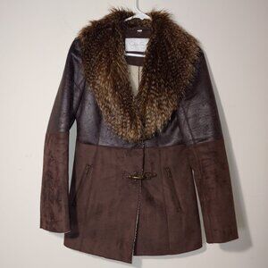 Jessica Simpson Vegan Leather Suede and Faux Fur Collar Coat Jacket Size S Brown